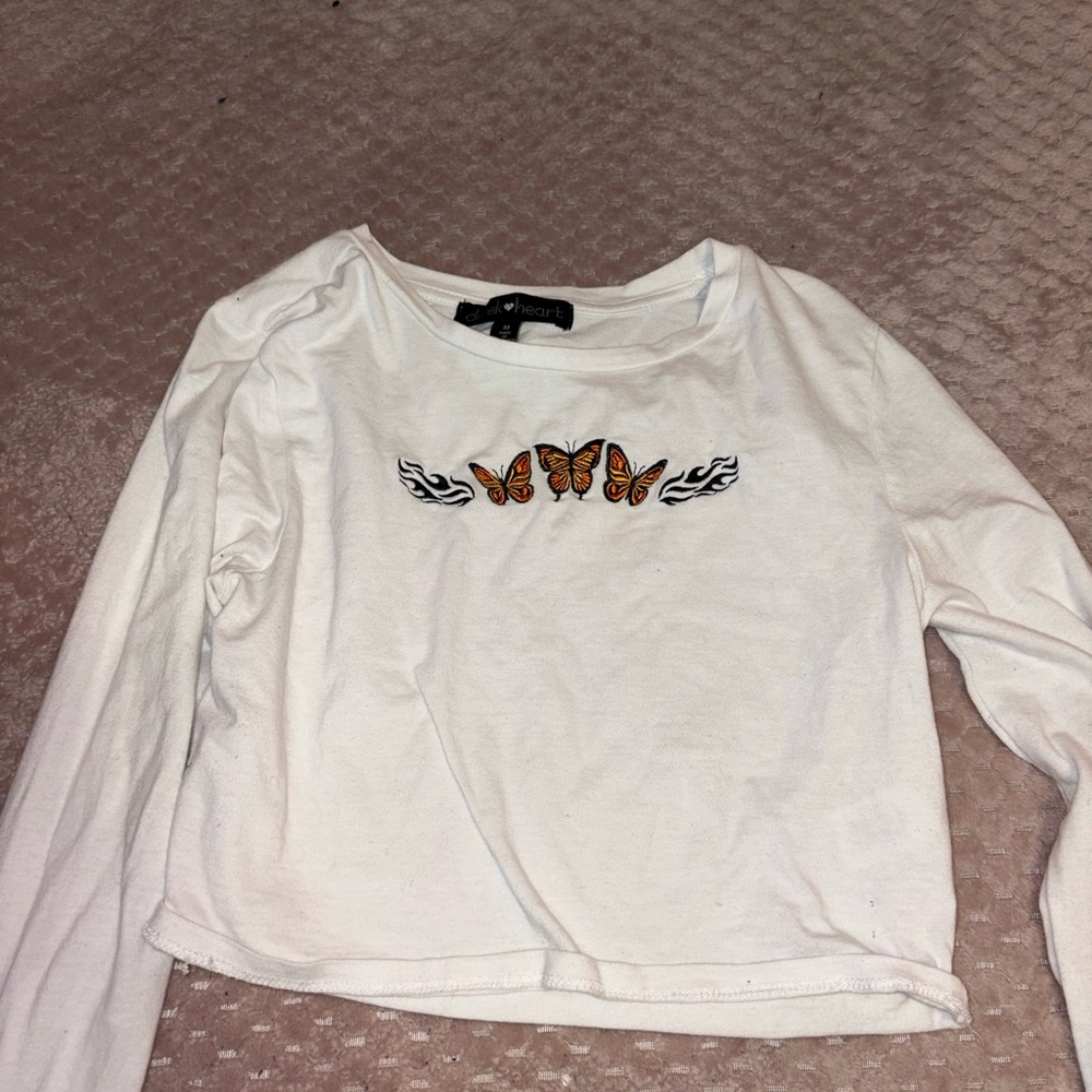 Derek Heart White Long Sleeve Tee with Butterfly Design